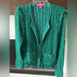 Lilly Pulitzer Green Tweed Open Front Cardigan